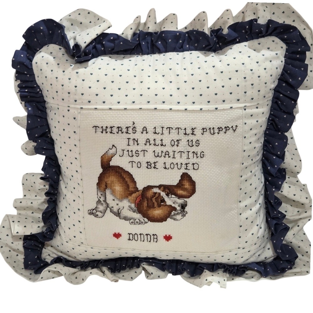 Vintage Handmade Cross Stitch Hound, Dog Ruffled Throw Pillow Blue Granny Core